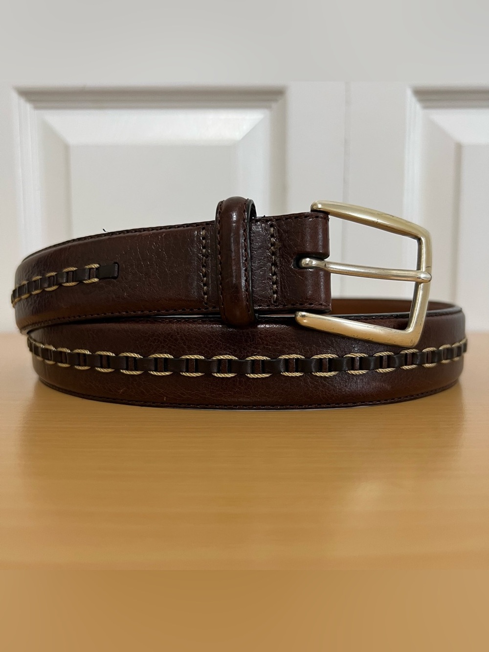 Brighton Men's Brown Leather Belt White Stitching Detail Silver Buckle Size 36